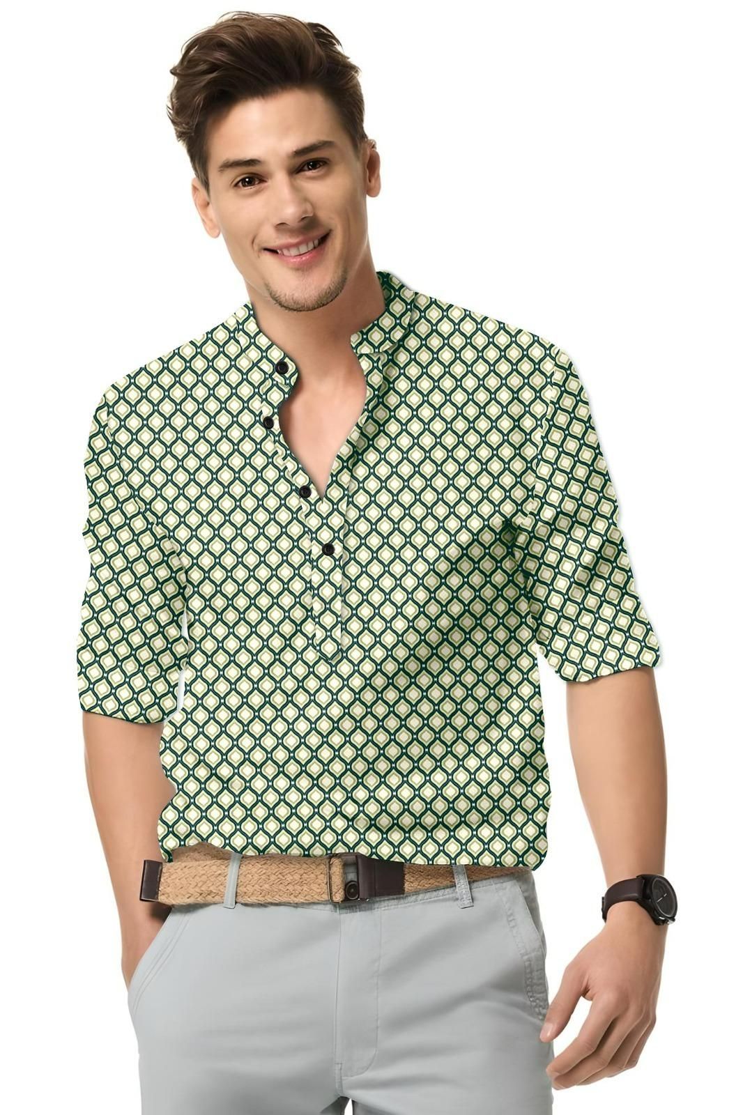 Men's Printed Spread Collar Casual Shirt Green & Cream